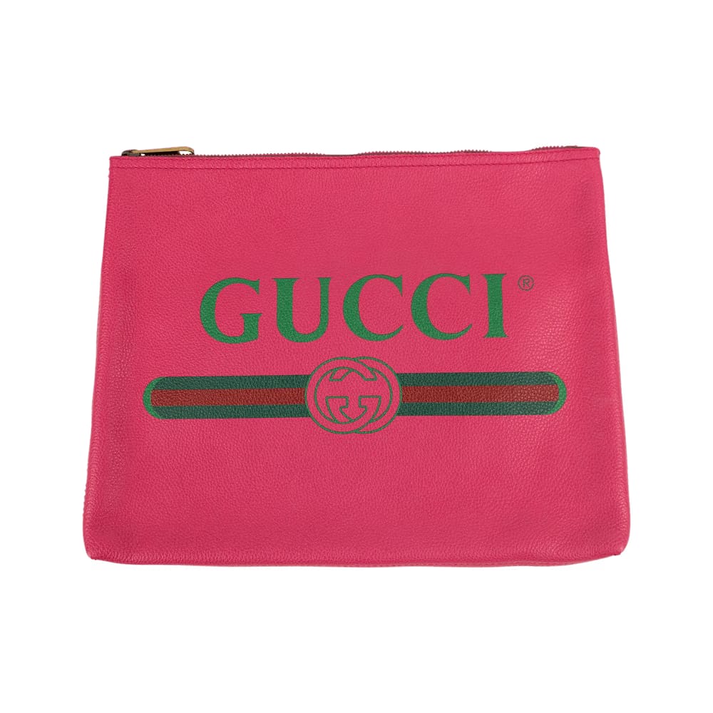 Gucci Pink Leather Print Logo Medium Pouch Clutch Bag Pink