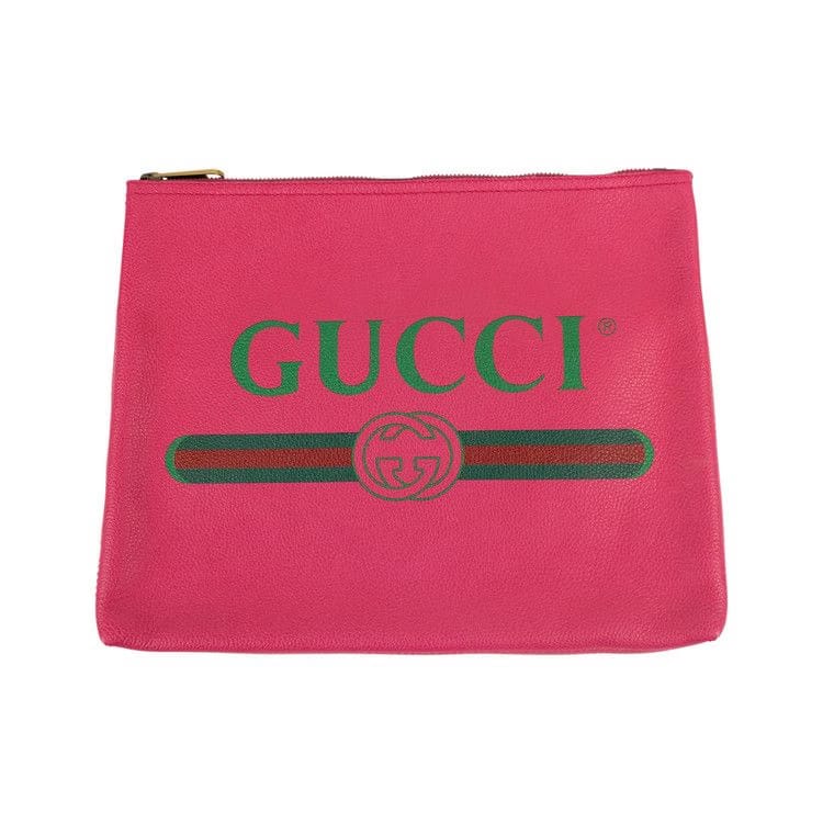 Gucci Pink Leather Print Logo Medium Pouch Clutch Bag Pink