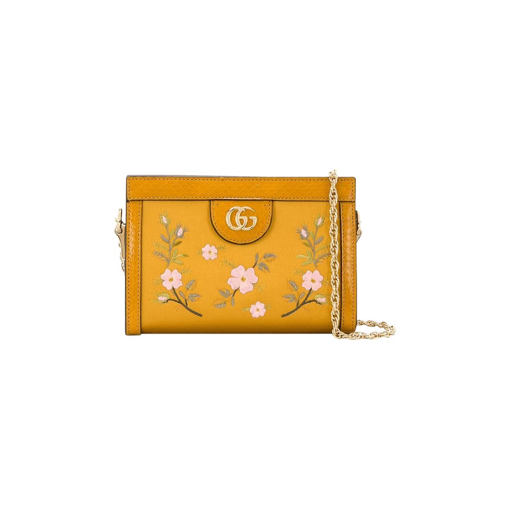 Gucci Floral Embroidered Shoulder Bag Senape Multic/Senape