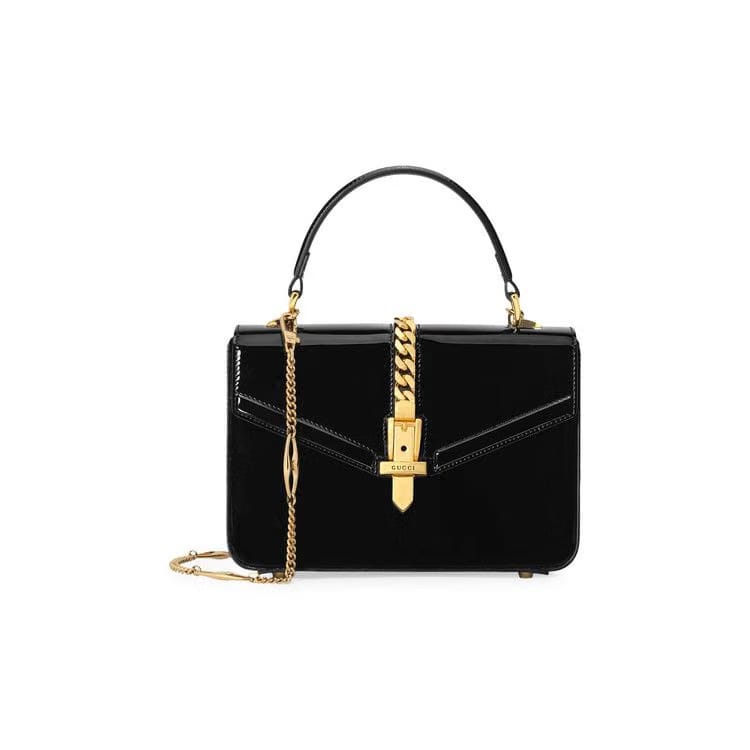 Gucci Sylvie 1969 Patent Leather Mini Top Handle Bag Black