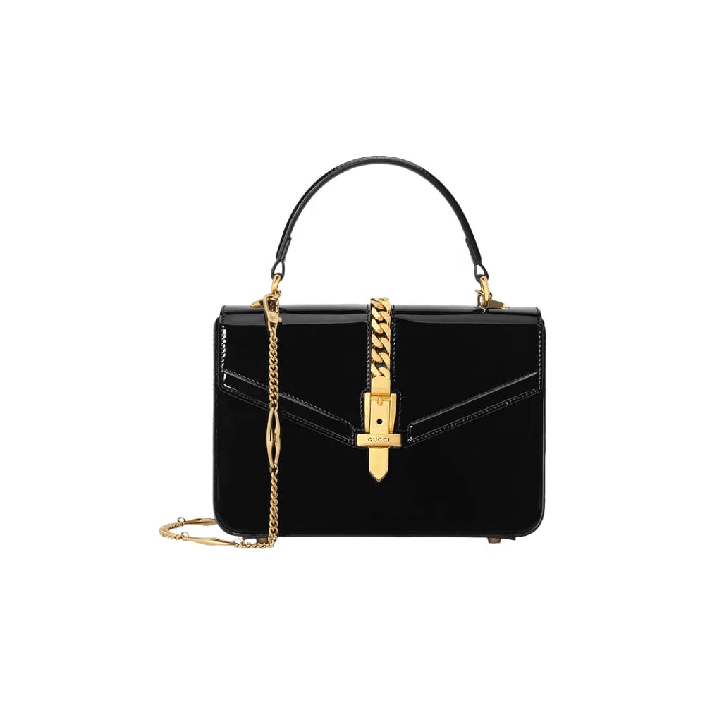 Gucci Sylvie 1969 Patent Leather Mini Top Handle Bag Black