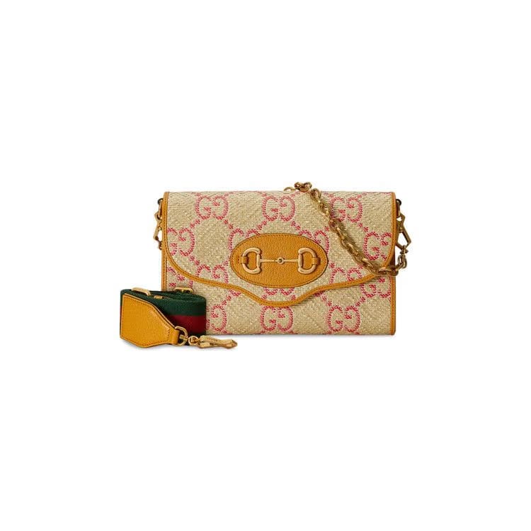 Gucci Horsebit 1955 Raffia Effect Small Bag Natural/Bright Hibiscus