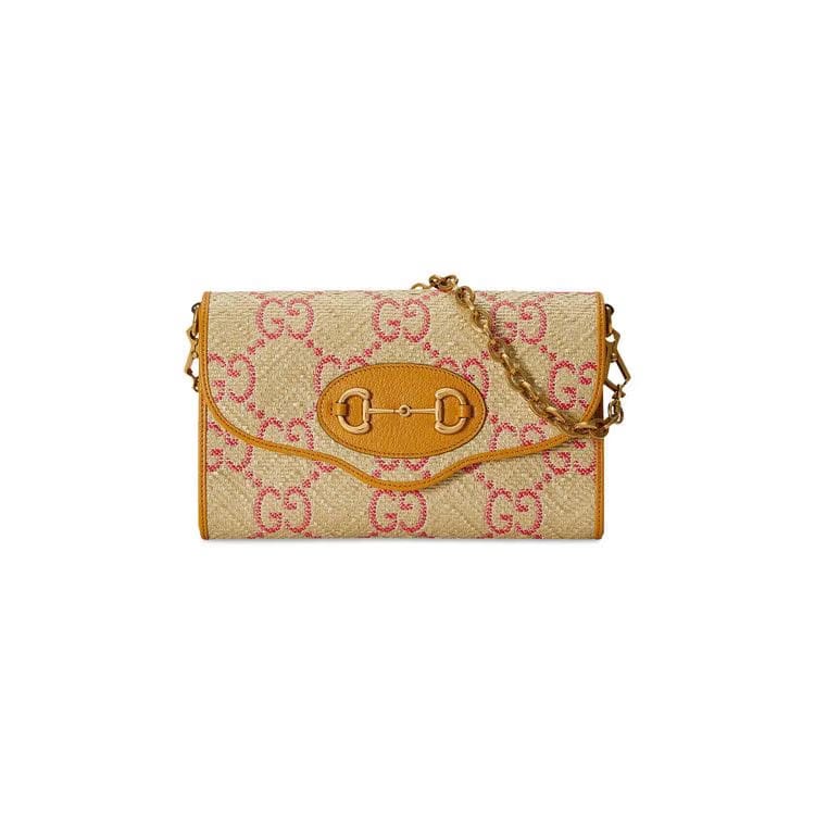 Gucci Horsebit 1955 Raffia Effect Small Bag Natural/Bright Hibiscus