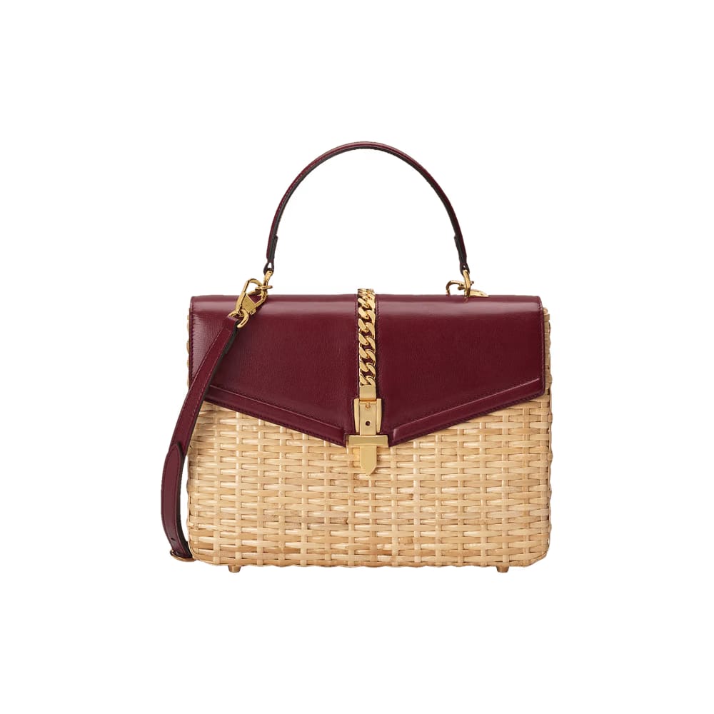 Gucci Sylvie Wicker Small Top Handle Bag Beige/Burgundy
