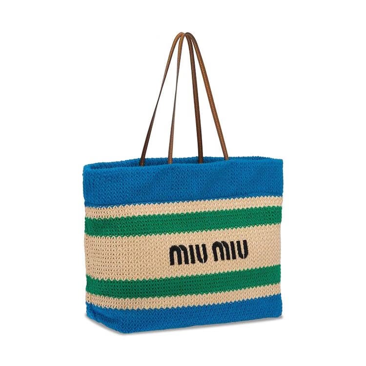 Miu Miu Raffia Tote Bag Beige/Light Blue