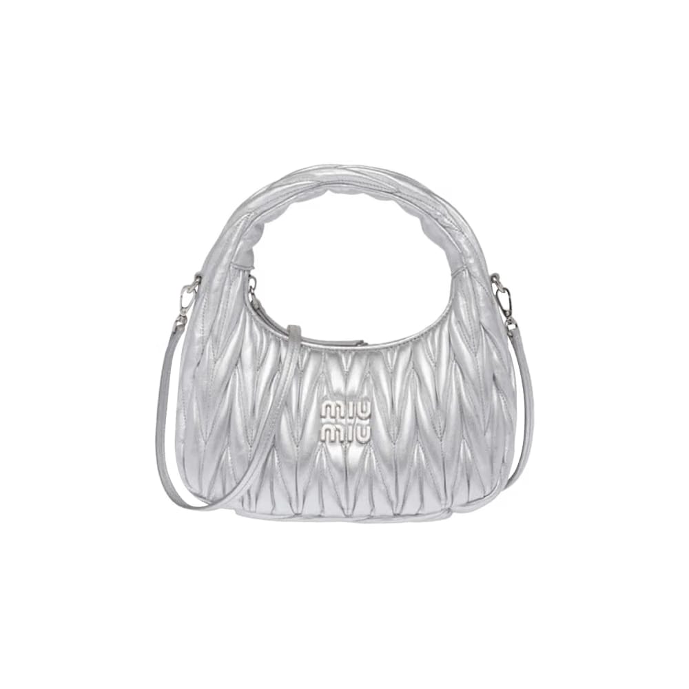 Miu Miu Matelassé Nappa Leather Hobo Mini Bag Argento