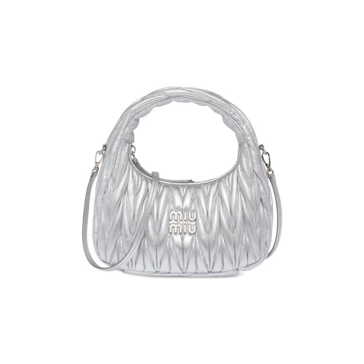 Miu Miu Matelassé Nappa Leather Hobo Mini Bag Argento