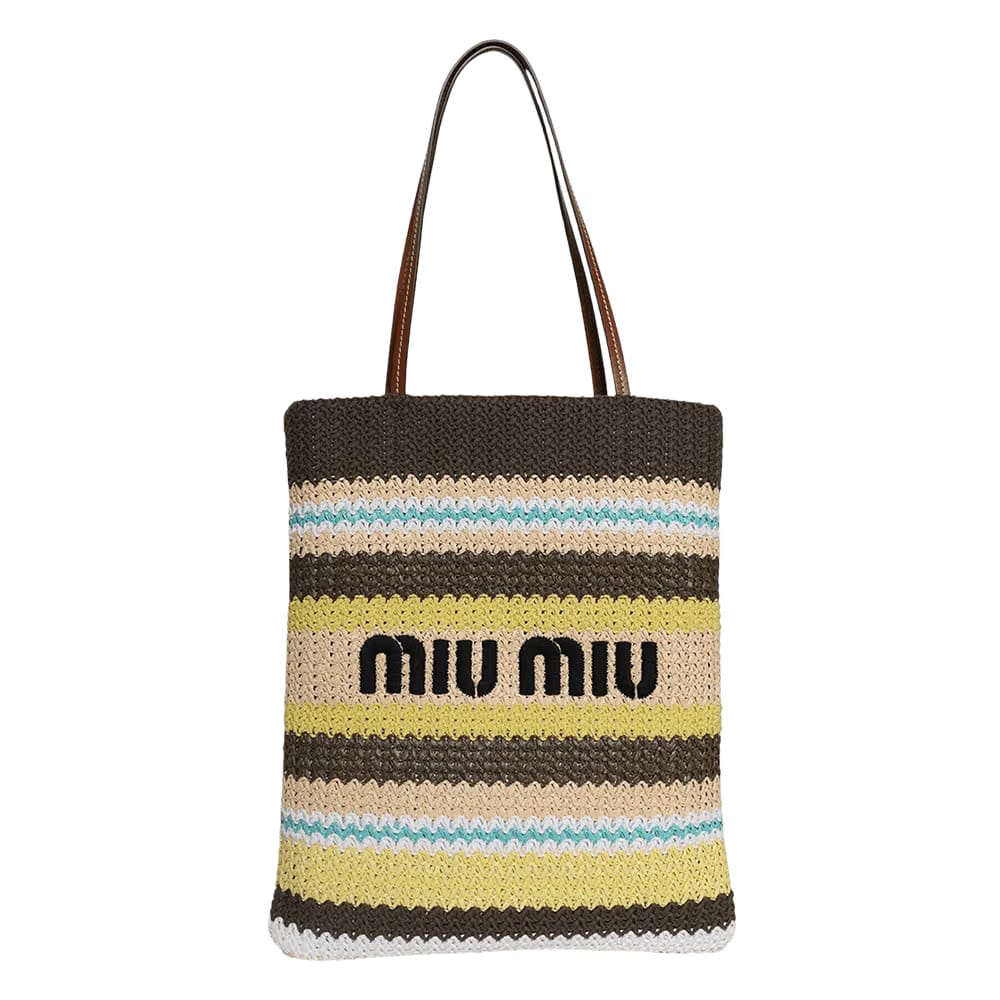Miu Miu Raffia-Effect Woven Tote Bag Tundra/Lemon Yellow/Natural