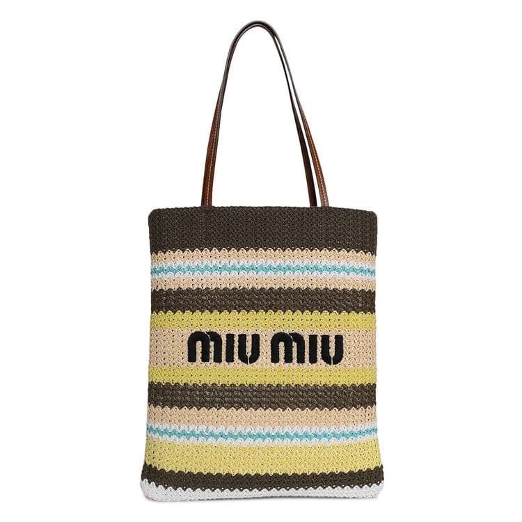 Miu Miu Raffia-Effect Woven Tote Bag Tundra/Lemon Yellow/Natural