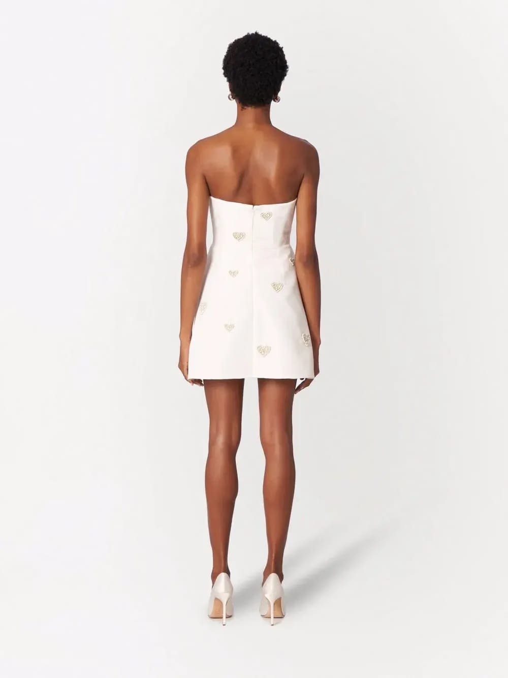 pearl-embellished strapless silk dress