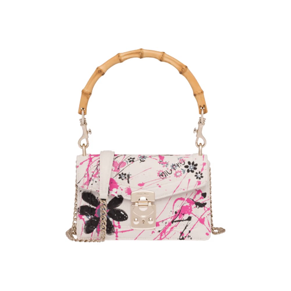 Miu Miu Printed Canvas Bamboo Handle Shoulder Bag White