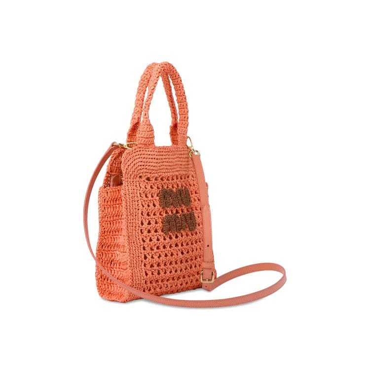 Miu Miu Raffia Effect Crochet Fabric Tote Bag Tulip/Cognac