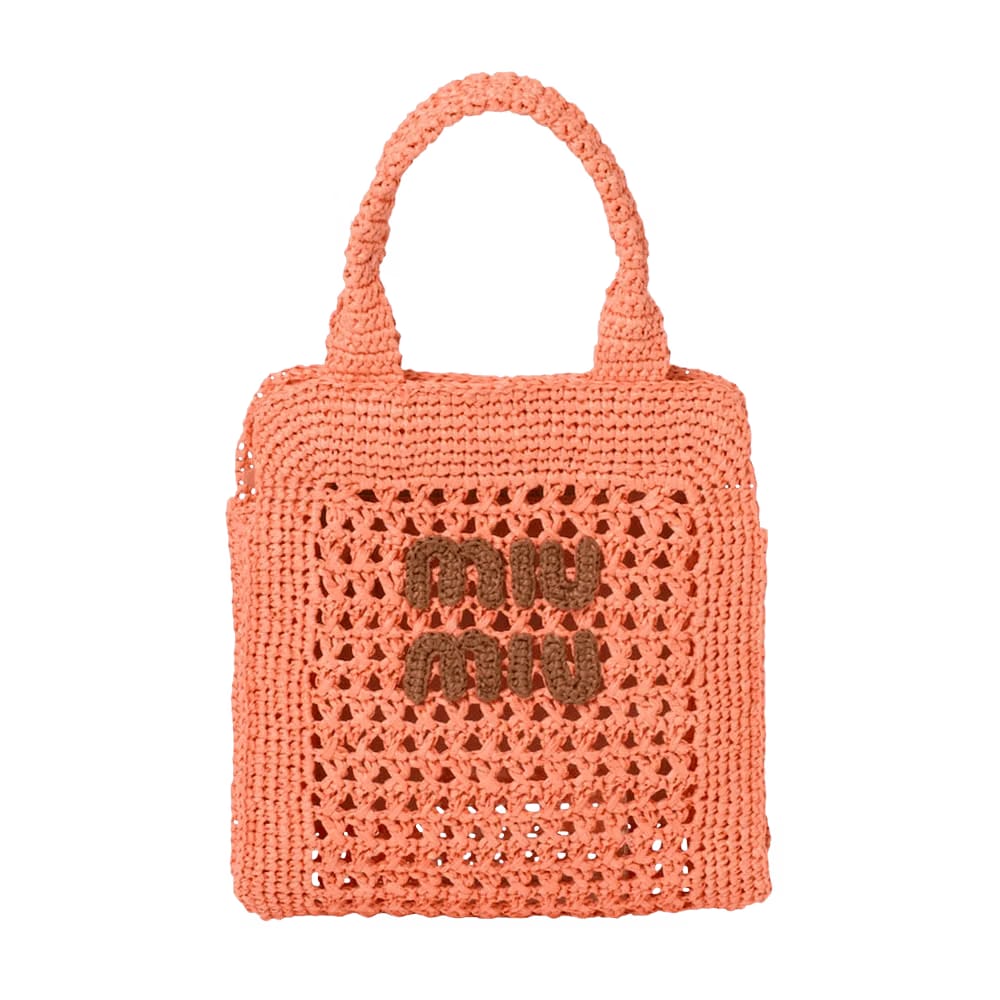 Miu Miu Raffia Effect Crochet Fabric Tote Bag Tulip/Cognac