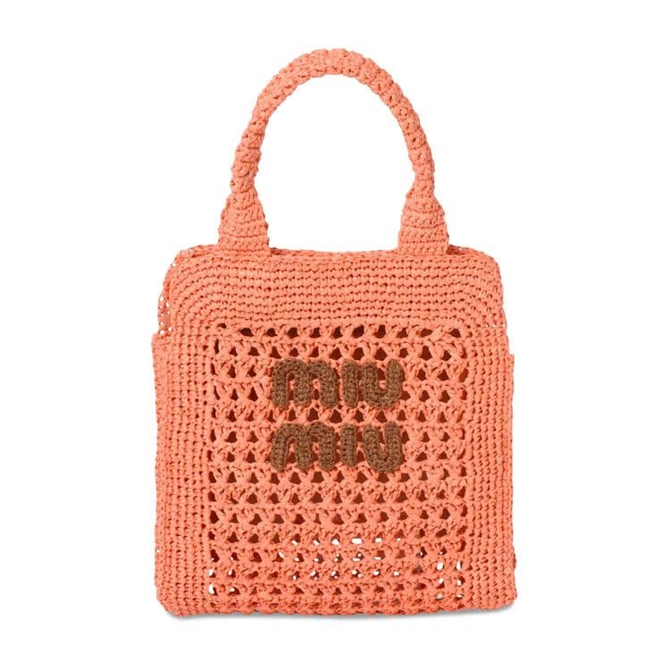 Miu Miu Raffia Effect Crochet Fabric Tote Bag Tulip/Cognac