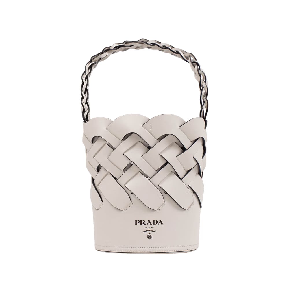 Prada Tress Large Woven Bucket Bag White
