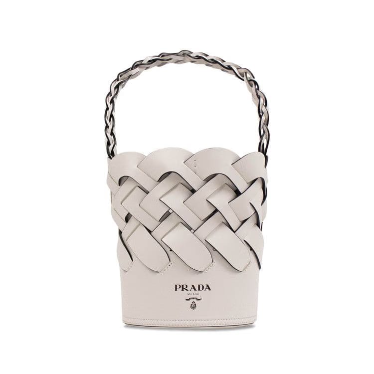 Prada Tress Large Woven Bucket Bag White