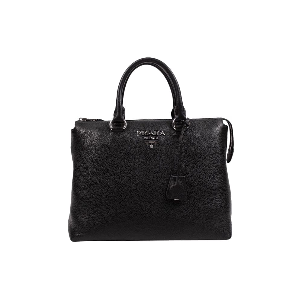 Prada Calf Leather Dual Top Handle Medium Handbag Tote Black