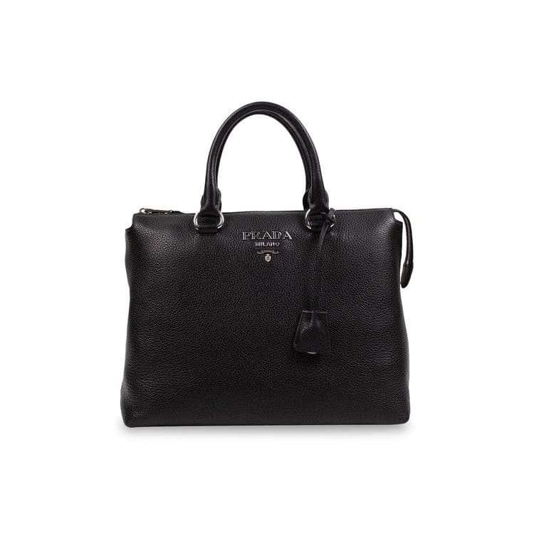 Prada Calf Leather Dual Top Handle Medium Handbag Tote Black