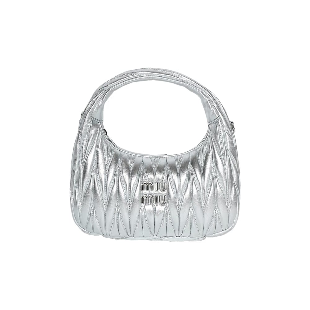 Miu Miu Wander Matelassé Nappa Leather Hobo Bag Argento