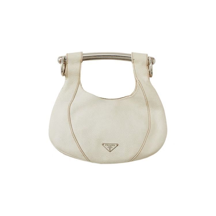 Prada Leather Vitello Daino Metal Bar Top Handle Bag White