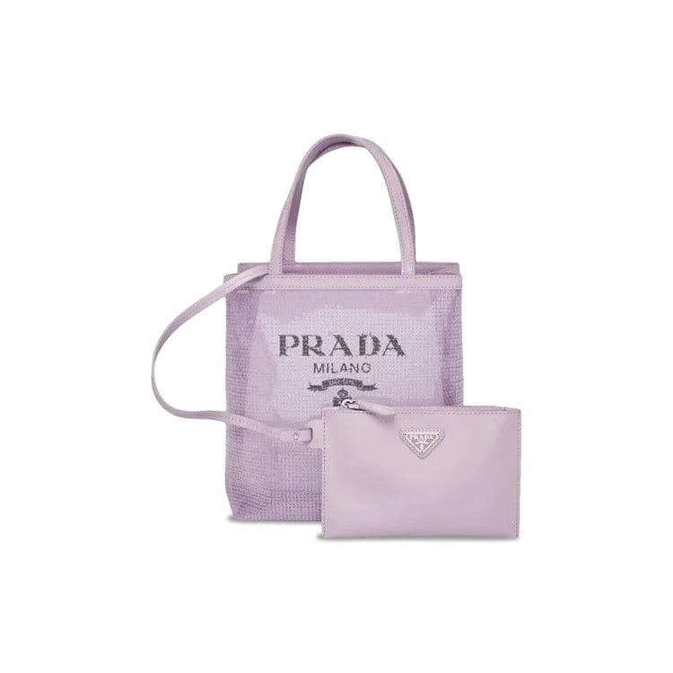 Prada Logo Mesh Tote Bag All Over Sequins With Leather Pouch Purple