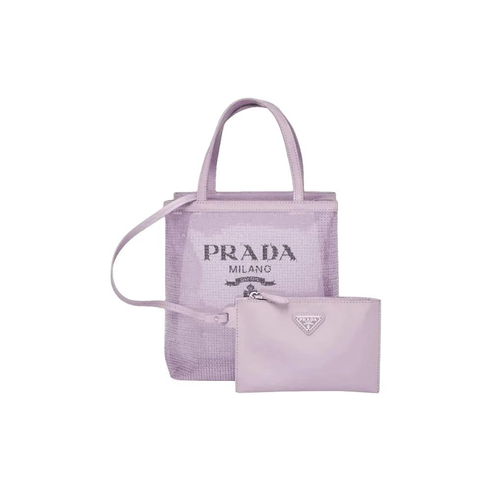 Prada Logo Mesh Tote Bag All Over Sequins With Leather Pouch Purple