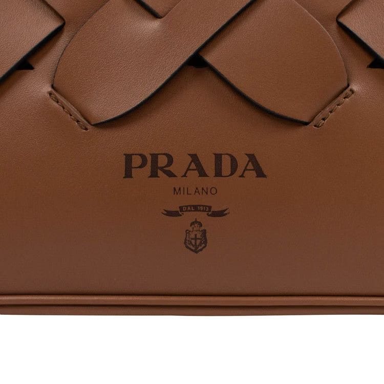 Prada Calf Leather Large Woven Motif Handbag Brown