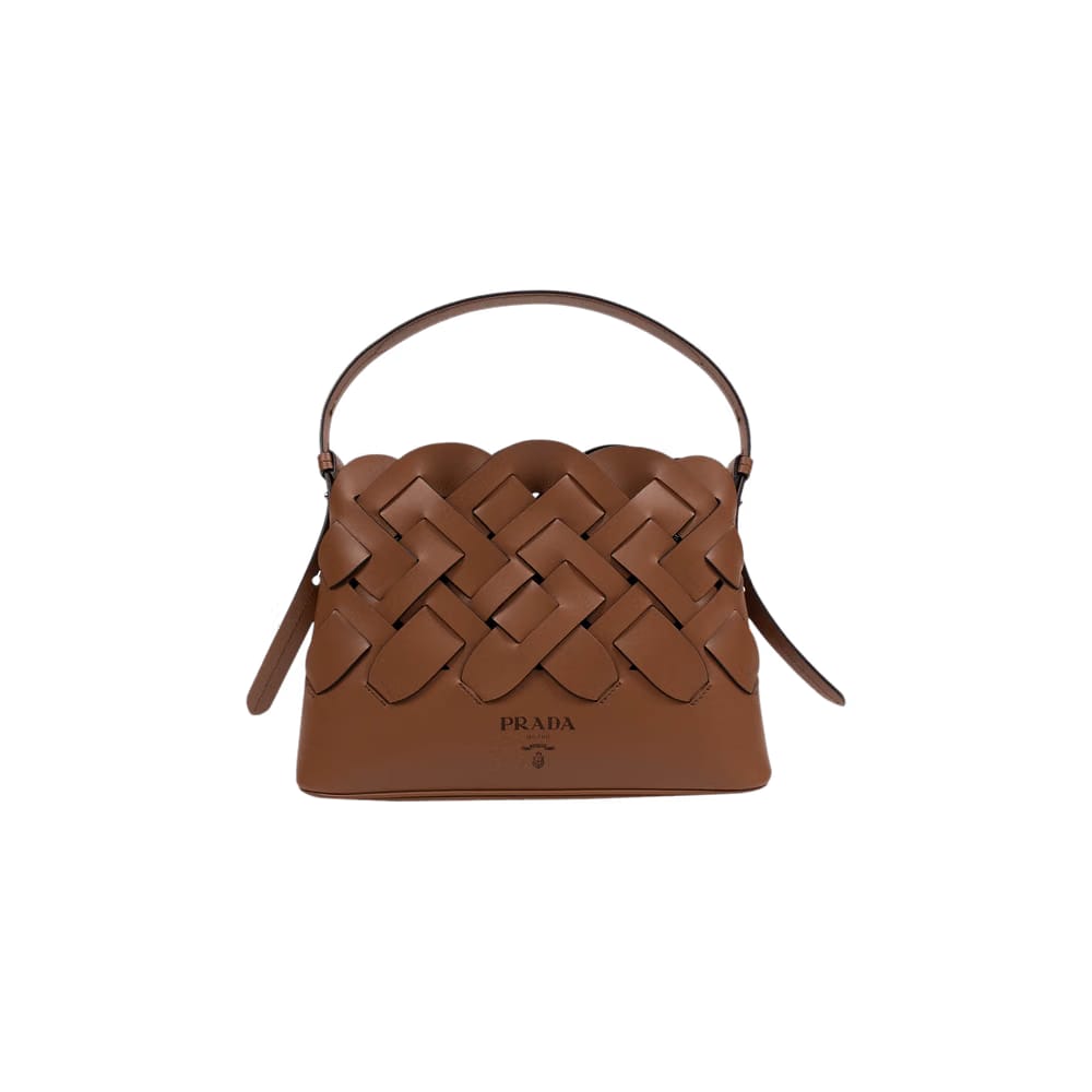 Prada Calf Leather Large Woven Motif Handbag Brown