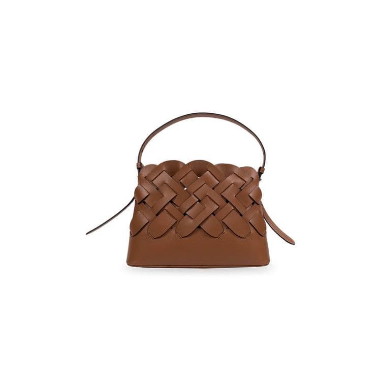 Prada Calf Leather Large Woven Motif Handbag Brown
