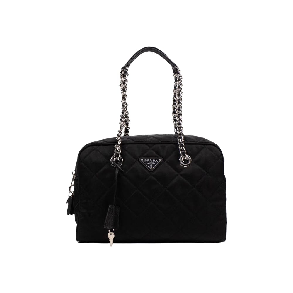 Prada Quilted Nylon Chain Shoulder Strap Medium Handbag Black