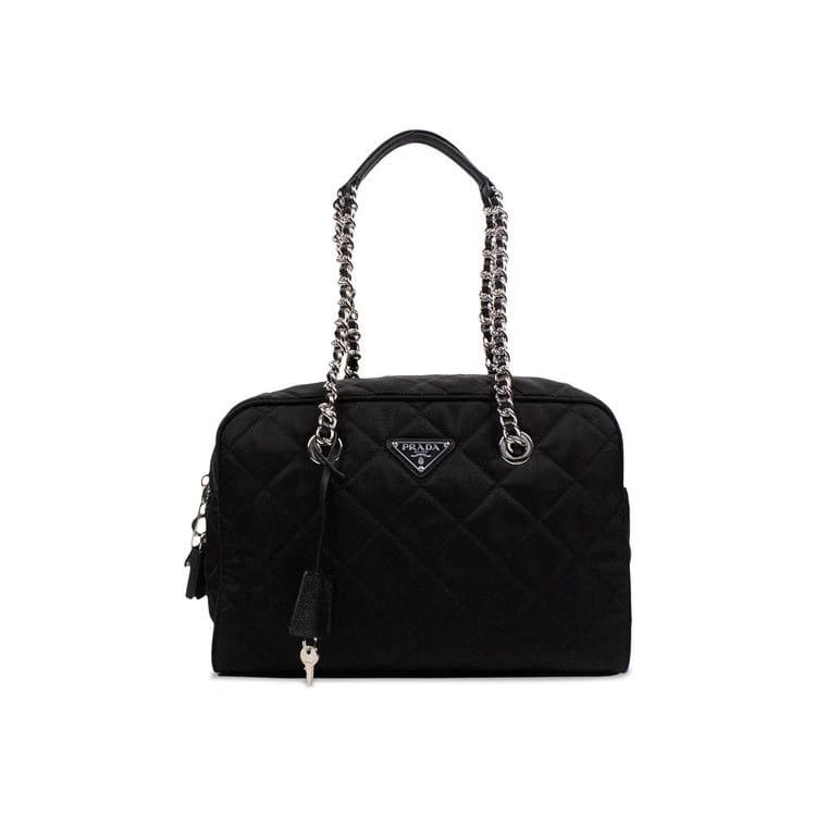 Prada Quilted Nylon Chain Shoulder Strap Medium Handbag Black