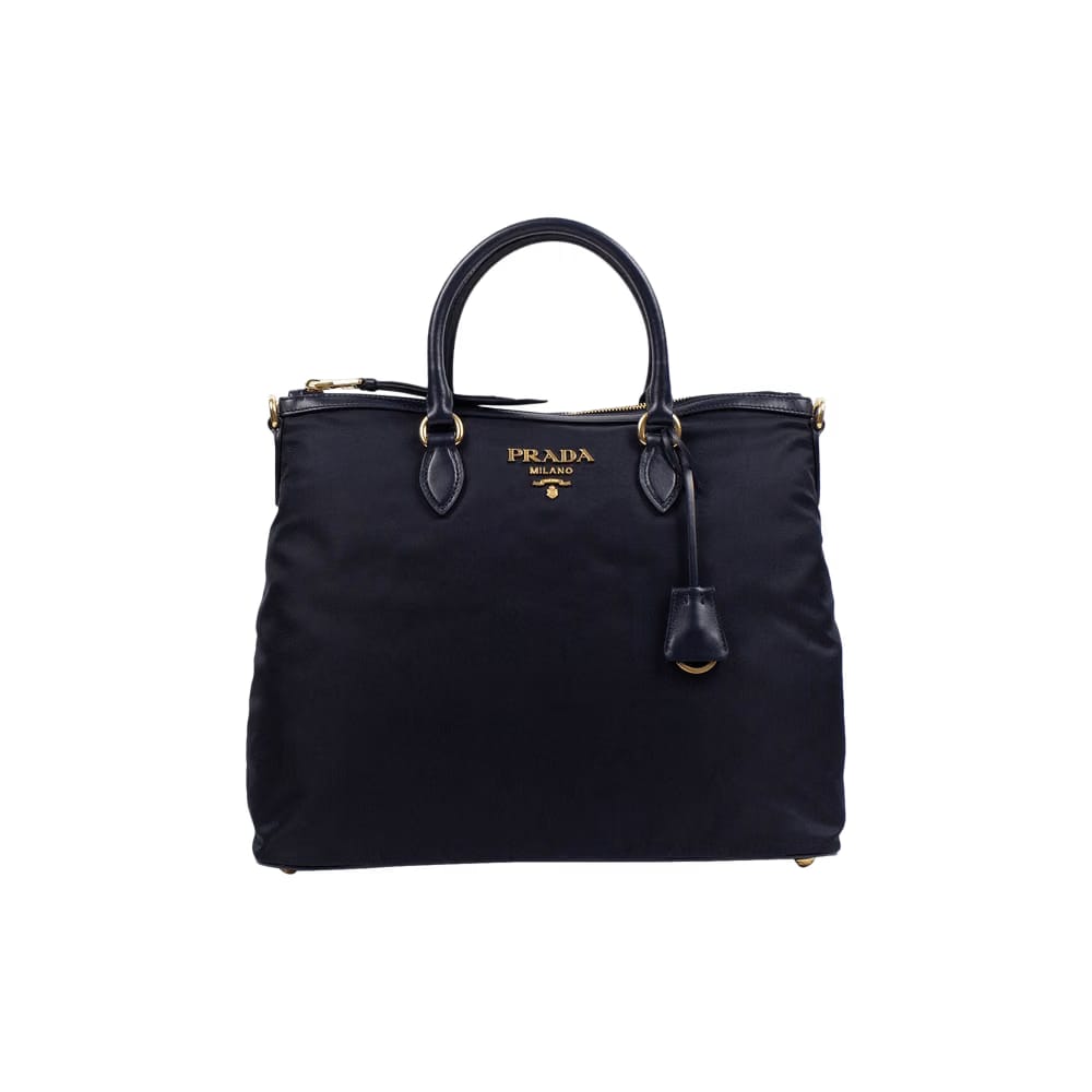 Prada Nylon Fabric Dual Top Handle Large Handbag Tote Navy Blue