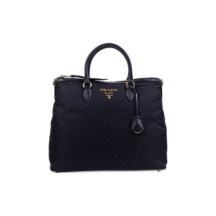 Prada Nylon Fabric Dual Top Handle Large Handbag Tote Navy Blue