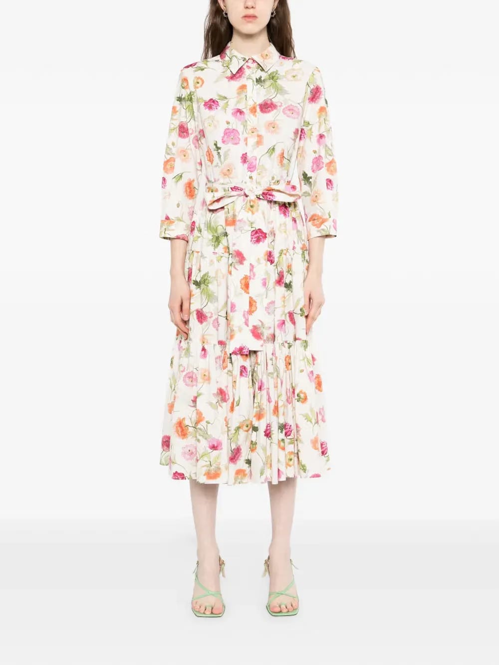 poppy-print tiered midi dress