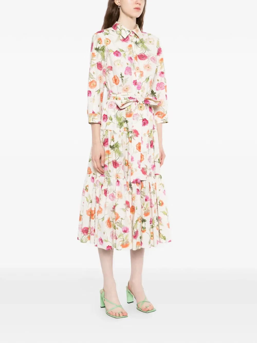 poppy-print tiered midi dress