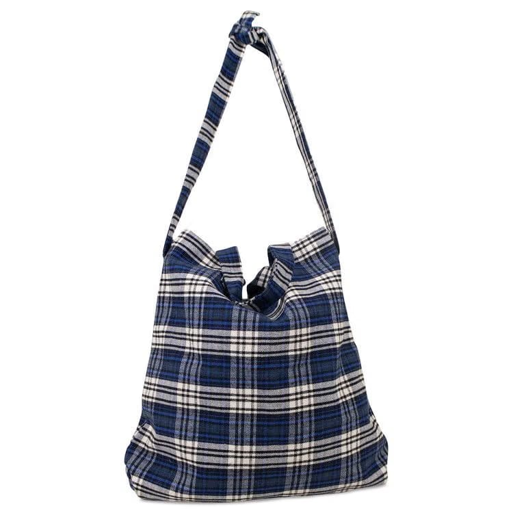 Off-White Flannel Foldable Tote Bag Blue