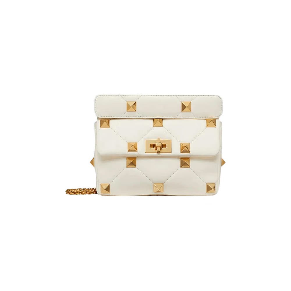 Valentino Medium Roman Stud Shoulder Bag White