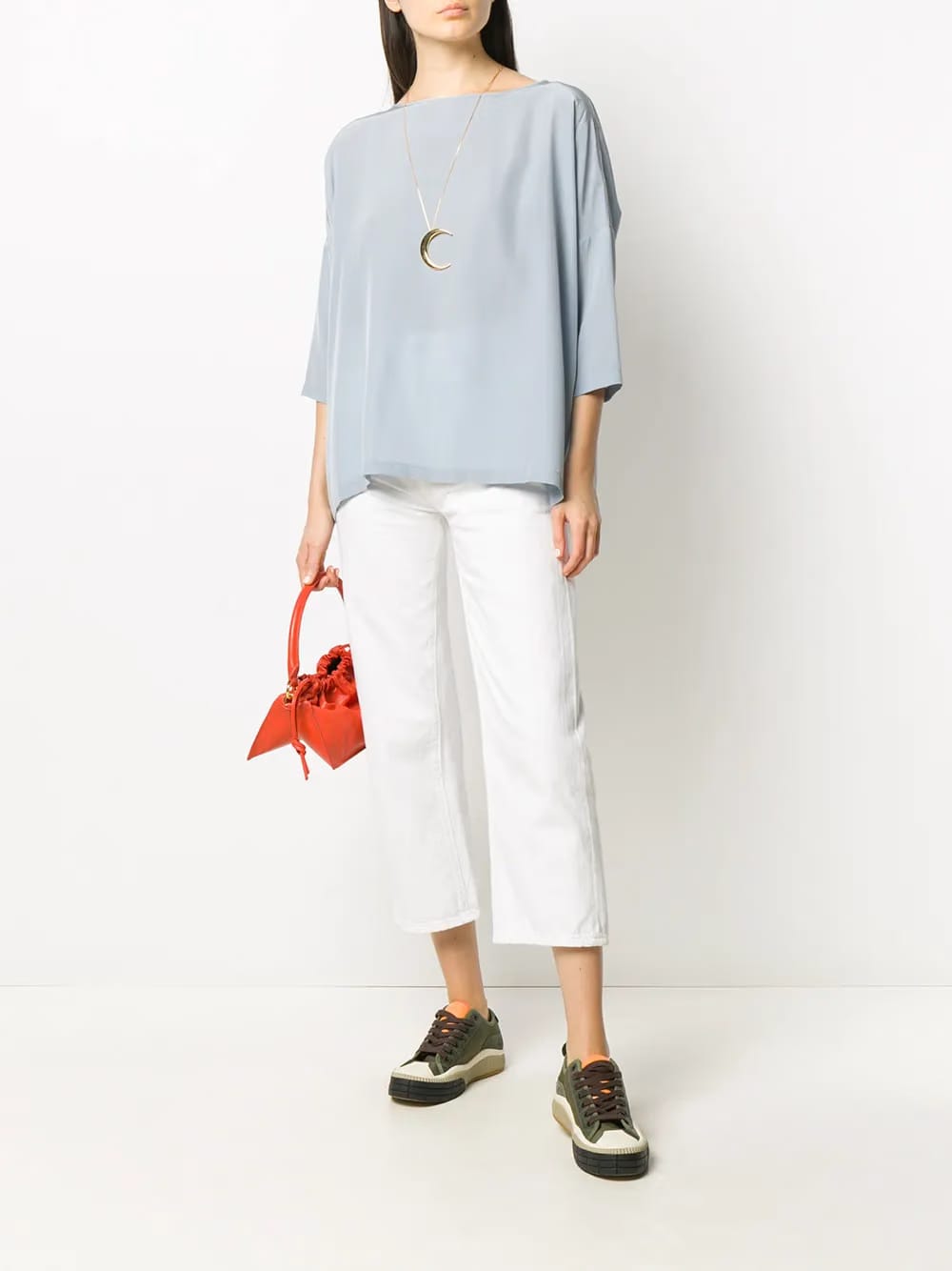 cropped sleeve silk T-Shirt