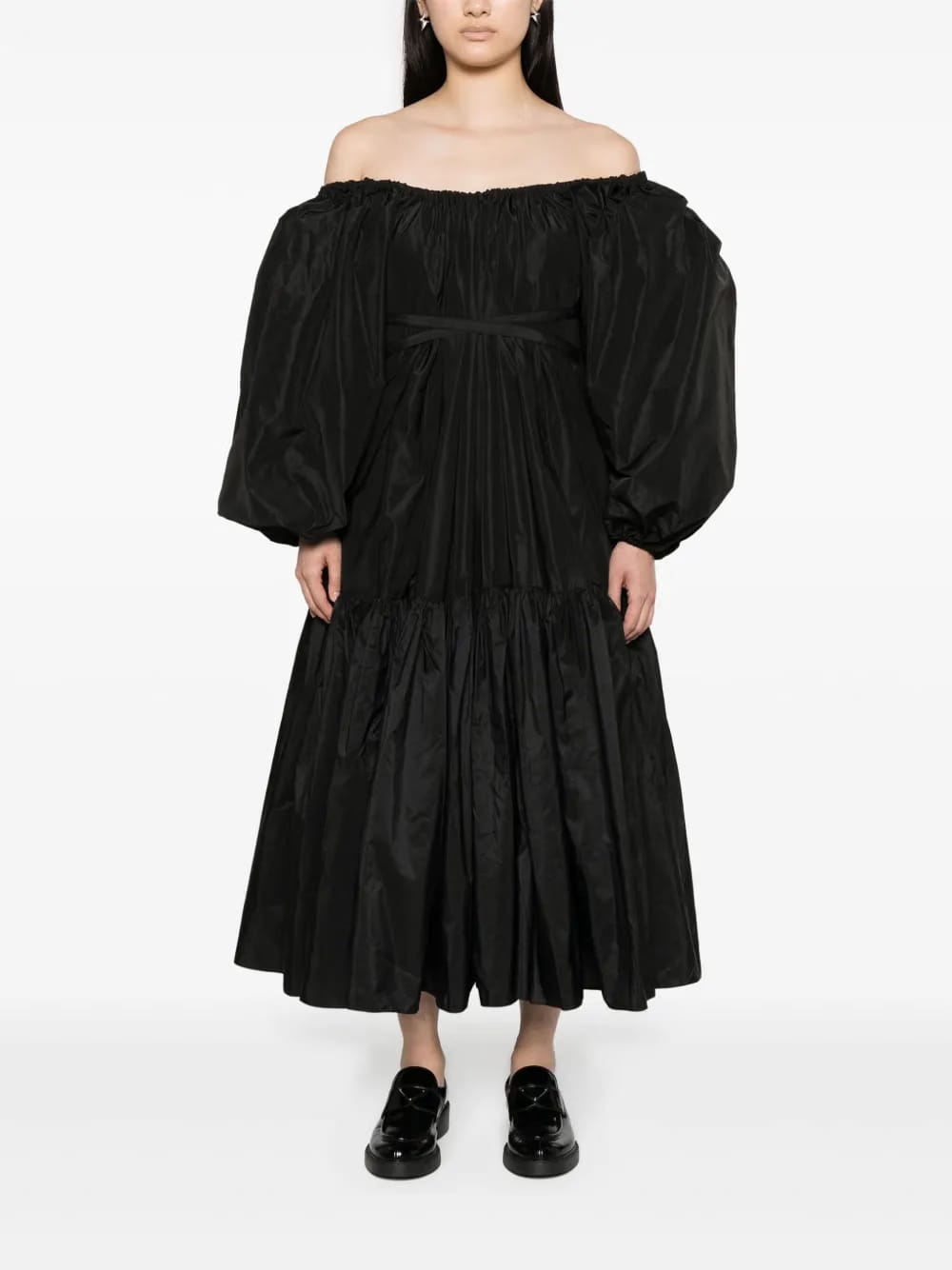 off-shoulder ruched midi dress
