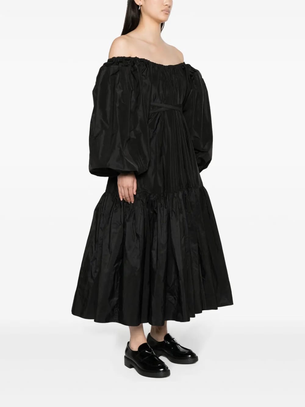 off-shoulder ruched midi dress