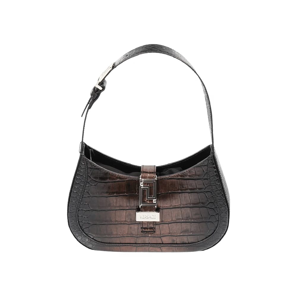 Versace Crocodile-Effect Leather Shoulder Bag Soil Palladium