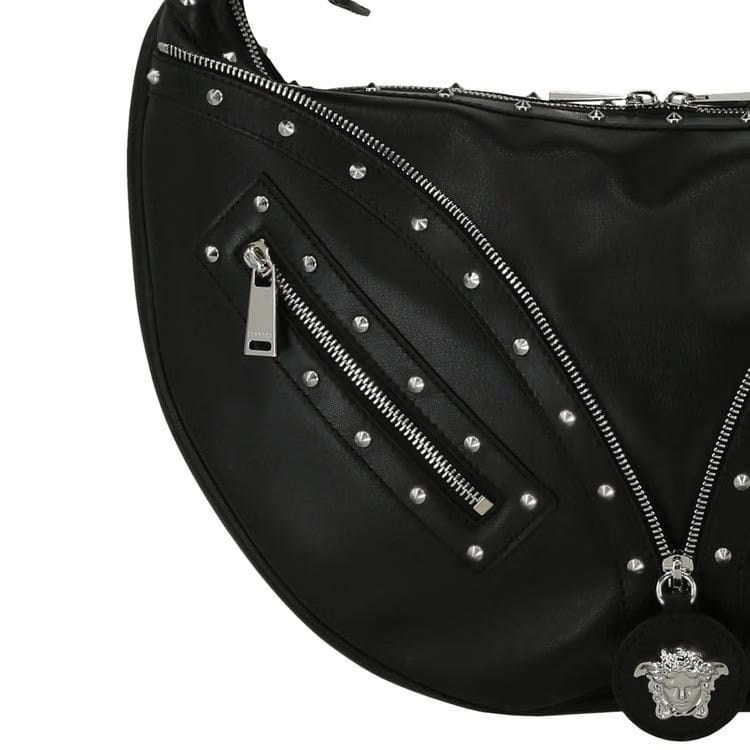 Versace Zipper Studded Hobo Bag Black/Palladium
