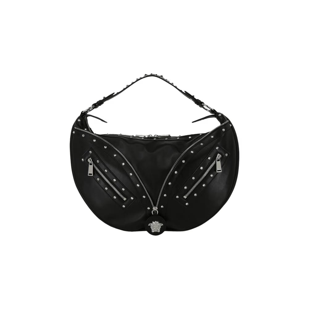 Versace Zipper Studded Hobo Bag Black/Palladium
