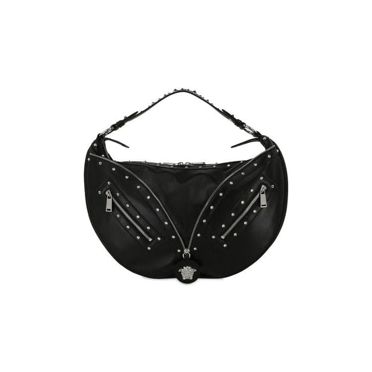 Versace Zipper Studded Hobo Bag Black/Palladium