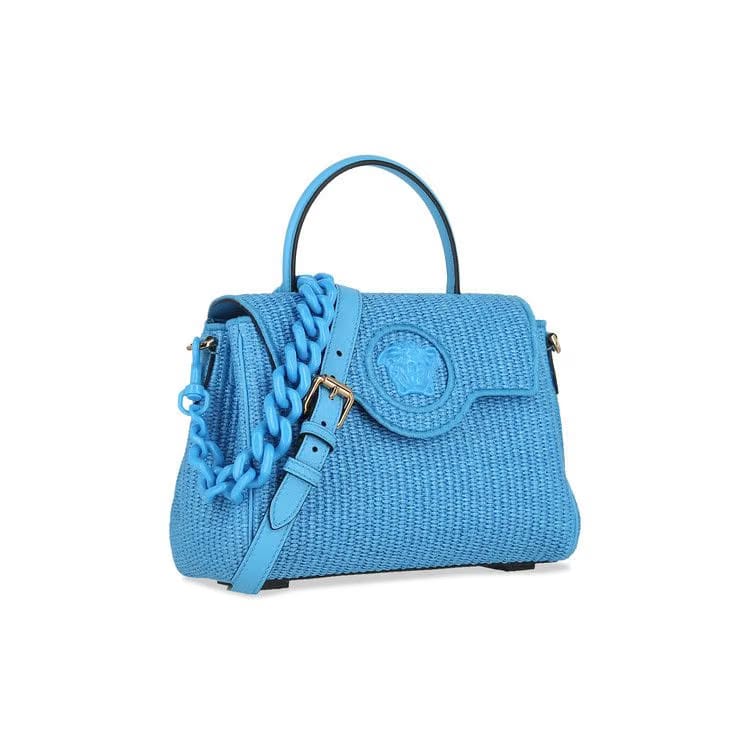 Versace Raffia Chain Tote Bag Blue Gold