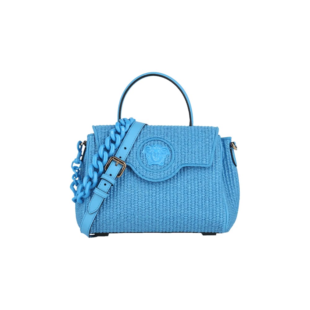 Versace Raffia Chain Tote Bag Blue Gold