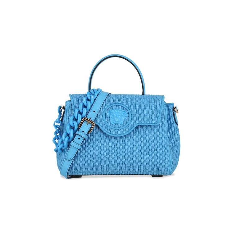 Versace Raffia Chain Tote Bag Blue Gold