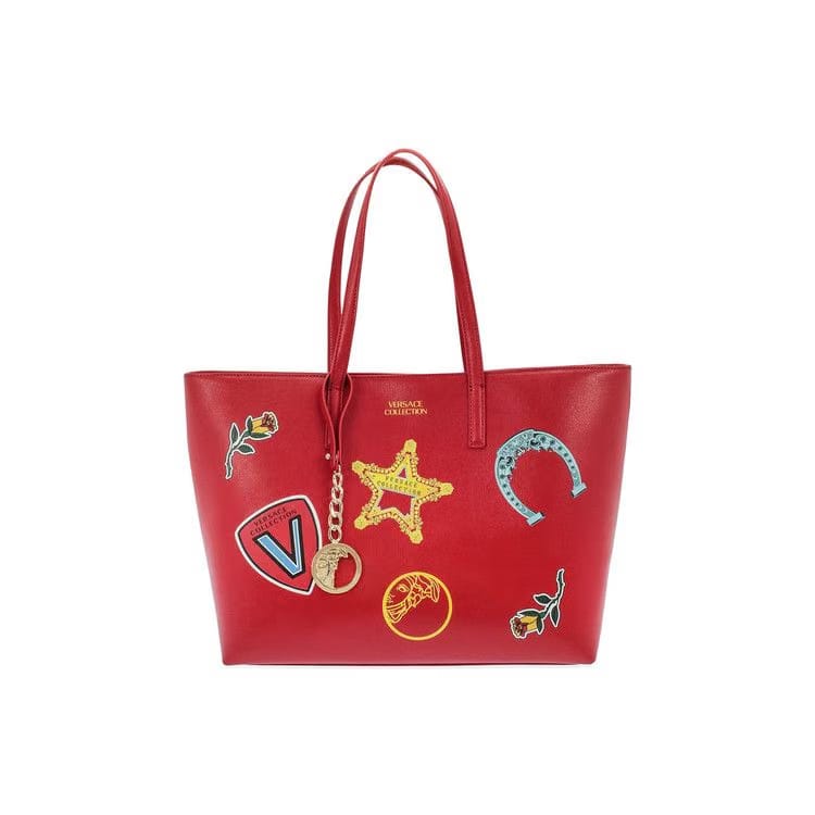 Versace Graphic Print Leather Tote Bag Red