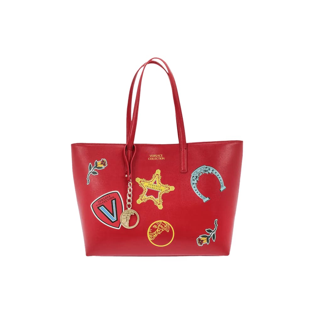 Versace Graphic Print Leather Tote Bag Red