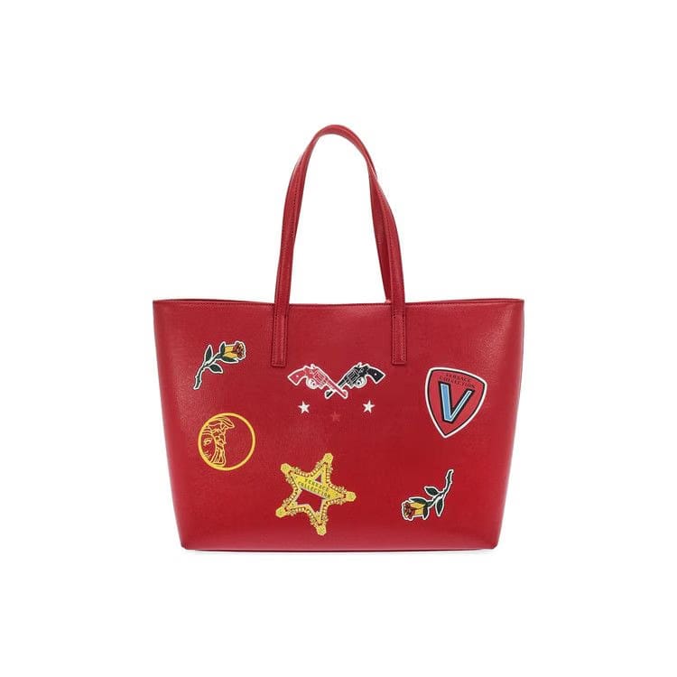 Versace Graphic Print Leather Tote Bag Red